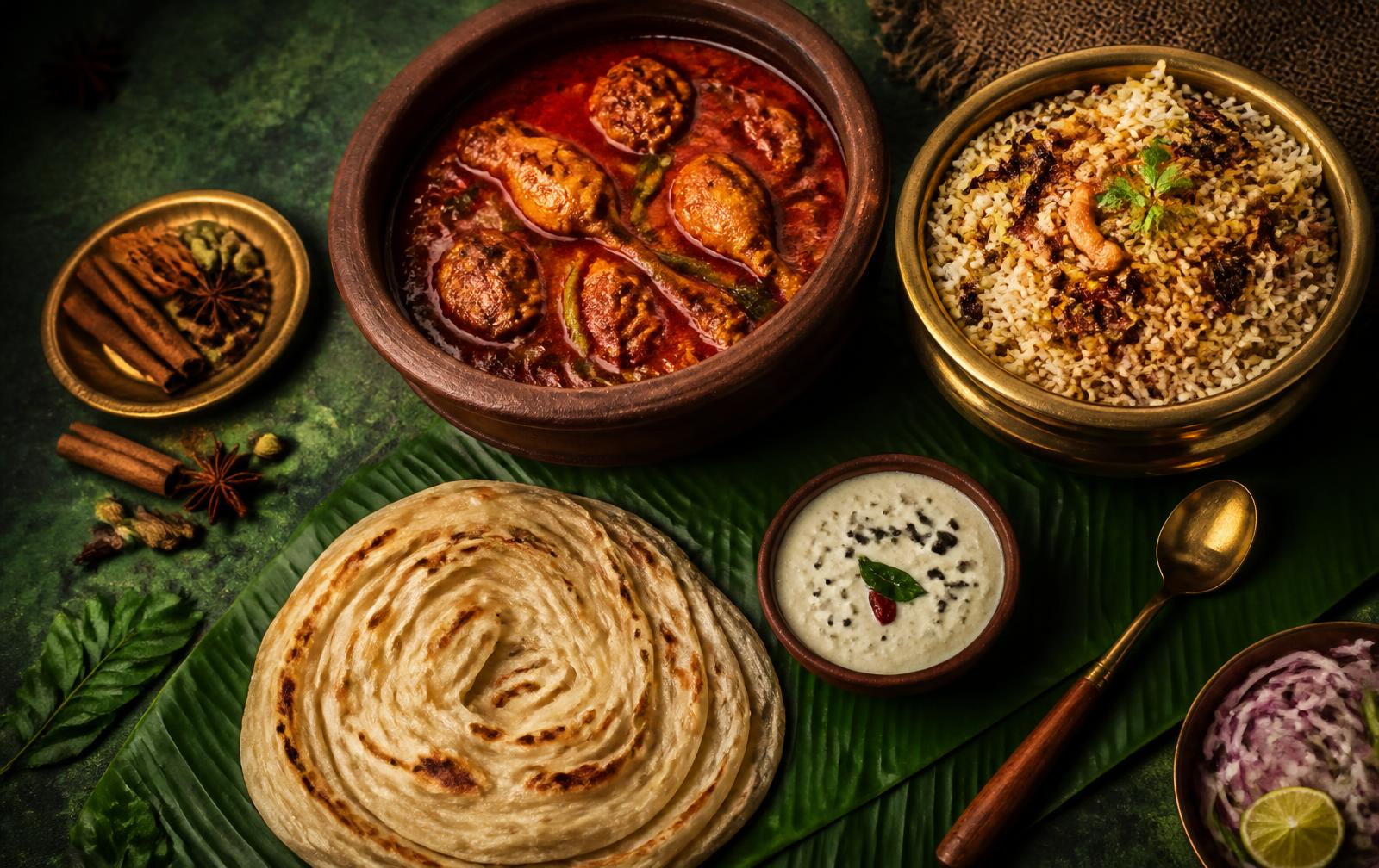 Kerala feast of chicken curry, Malabar biryani and parotta on a banana leaf