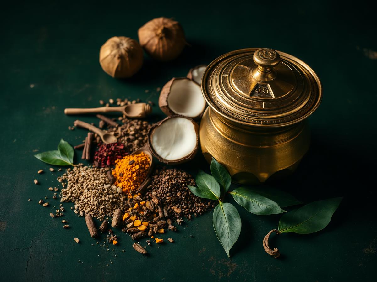 Traditional Kerala spices, coconut and brass cookware